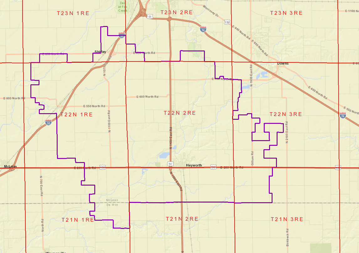 Heyworth School District Map with Township and Range lines overlayed